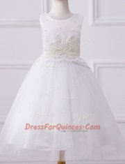 Scoop White Sleeveless Beading and Appliques Floor Length Flower Girl Dresses