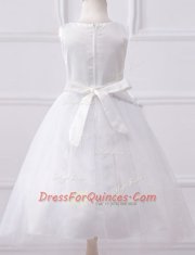 Scoop White Sleeveless Beading and Appliques Floor Length Flower Girl Dresses