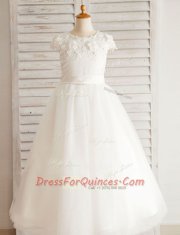 Flirting Scoop Short Sleeves Floor Length Beading and Appliques Zipper Flower Girl Dress with White