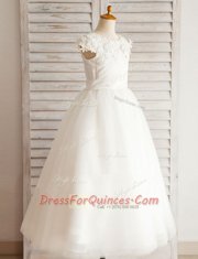 Flirting Scoop Short Sleeves Floor Length Beading and Appliques Zipper Flower Girl Dress with White