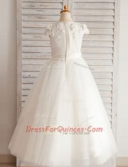 Flirting Scoop Short Sleeves Floor Length Beading and Appliques Zipper Flower Girl Dress with White