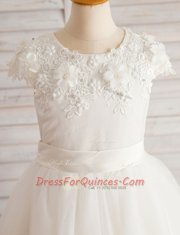 Flirting Scoop Short Sleeves Floor Length Beading and Appliques Zipper Flower Girl Dress with White