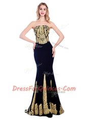 Black Mermaid Satin Strapless Sleeveless Appliques With Train Zipper Sweep Train