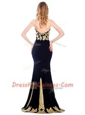 Black Mermaid Satin Strapless Sleeveless Appliques With Train Zipper Sweep Train