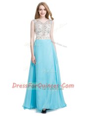 Traditional Chiffon Scoop Sleeveless Zipper Beading Homecoming Dress in Aqua Blue