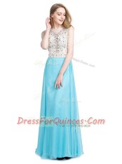 Traditional Chiffon Scoop Sleeveless Zipper Beading Homecoming Dress in Aqua Blue