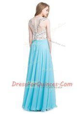 Traditional Chiffon Scoop Sleeveless Zipper Beading Homecoming Dress in Aqua Blue