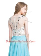 Traditional Chiffon Scoop Sleeveless Zipper Beading Homecoming Dress in Aqua Blue
