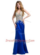 Fine Floor Length Backless Prom Dress Royal Blue for Prom and Party with Beading