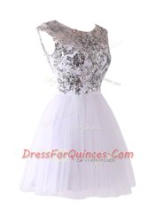 Top Selling Scoop White A-line Sequins Dress for Prom Backless Tulle Cap Sleeves Mini Length