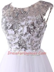 Top Selling Scoop White A-line Sequins Dress for Prom Backless Tulle Cap Sleeves Mini Length