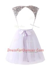 Top Selling Scoop White A-line Sequins Dress for Prom Backless Tulle Cap Sleeves Mini Length