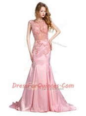 Mermaid Scoop Baby Pink Sleeveless With Train Beading Backless Prom Gown