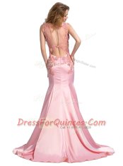Mermaid Scoop Baby Pink Sleeveless With Train Beading Backless Prom Gown