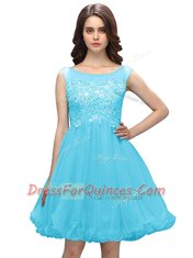 Baby Blue Organza Zipper Bateau Sleeveless Knee Length Prom Evening Gown Beading and Appliques