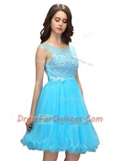 Baby Blue Organza Zipper Bateau Sleeveless Knee Length Prom Evening Gown Beading and Appliques