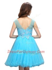 Baby Blue Organza Zipper Bateau Sleeveless Knee Length Prom Evening Gown Beading and Appliques