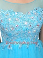 Baby Blue Organza Zipper Bateau Sleeveless Knee Length Prom Evening Gown Beading and Appliques