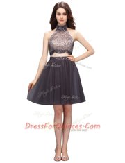 Black A-line Chiffon High-neck Sleeveless Beading Knee Length Zipper Prom Dress
