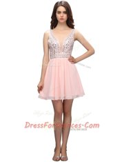Chic V-neck Sleeveless Zipper Baby Pink Chiffon