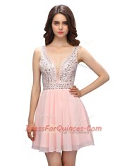 Chic V-neck Sleeveless Zipper Baby Pink Chiffon