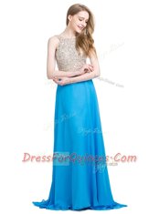 Blue Scoop Neckline Beading Prom Dresses Sleeveless Zipper