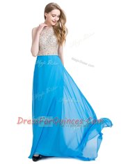 Blue Scoop Neckline Beading Prom Dresses Sleeveless Zipper