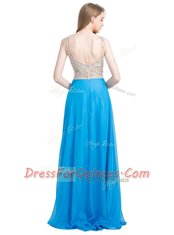 Blue Scoop Neckline Beading Prom Dresses Sleeveless Zipper