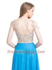 Blue Scoop Neckline Beading Prom Dresses Sleeveless Zipper