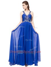 Stunning V-neck Sleeveless Sweep Train Criss Cross Homecoming Dress Royal Blue Chiffon