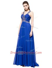 Stunning V-neck Sleeveless Sweep Train Criss Cross Homecoming Dress Royal Blue Chiffon