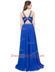 Stunning V-neck Sleeveless Sweep Train Criss Cross Homecoming Dress Royal Blue Chiffon