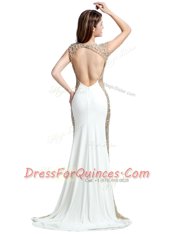 Unique White Chiffon Backless Scoop Sleeveless With Train Evening Dress Brush Train Beading