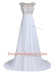 White Scoop Backless Beading Evening Dress Brush Train Sleeveless