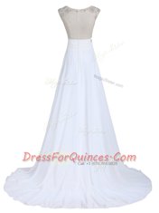 White Scoop Backless Beading Evening Dress Brush Train Sleeveless