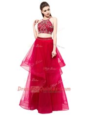 Organza High-neck Sleeveless Zipper Beading Prom Gown in Red