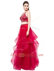 Organza High-neck Sleeveless Zipper Beading Prom Gown in Red
