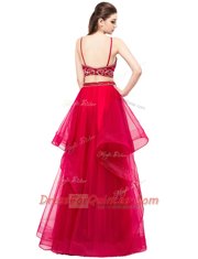 Organza High-neck Sleeveless Zipper Beading Prom Gown in Red