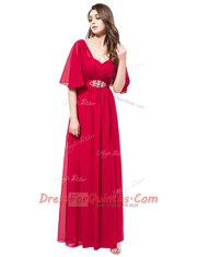 Great Coral Red Satin Zipper V-neck Half Sleeves Floor Length Prom Dress Beading