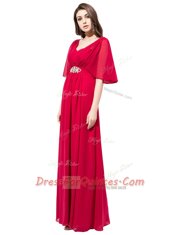 Great Coral Red Satin Zipper V-neck Half Sleeves Floor Length Prom Dress Beading