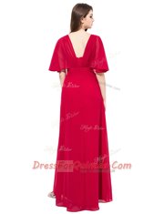 Great Coral Red Satin Zipper V-neck Half Sleeves Floor Length Prom Dress Beading