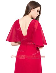 Great Coral Red Satin Zipper V-neck Half Sleeves Floor Length Prom Dress Beading