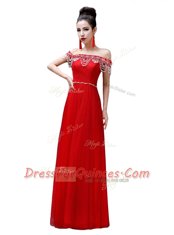 Perfect Red Empire Off The Shoulder Sleeveless Chiffon Floor Length Lace Up Beading Prom Dress
