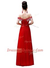 Perfect Red Empire Off The Shoulder Sleeveless Chiffon Floor Length Lace Up Beading Prom Dress