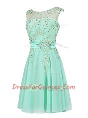 Admirable Turquoise Chiffon Zipper Scoop Sleeveless Knee Length Prom Dresses Beading and Appliques