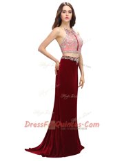 Sumptuous Scoop Beading and Appliques Burgundy Criss Cross Sleeveless With Train Sweep Train