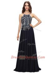 Discount Black Column/Sheath Chiffon Spaghetti Straps Sleeveless Beading With Train Zipper Evening Dress Brush Train