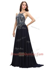 Discount Black Column/Sheath Chiffon Spaghetti Straps Sleeveless Beading With Train Zipper Evening Dress Brush Train
