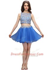 Organza Bateau Sleeveless Zipper Beading Prom Dress in Blue