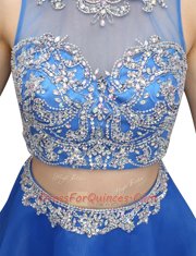 Organza Bateau Sleeveless Zipper Beading Prom Dress in Blue